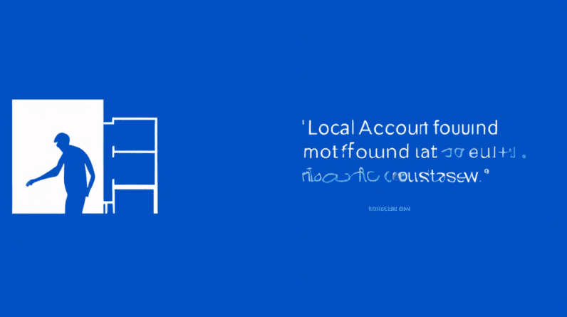 A confused looking Windows user staring at a blue screen of death with the words Local Account Not Found and a faint Microsoft logo in the background.