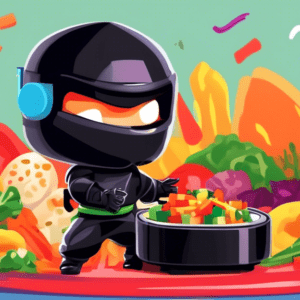 A miniature ninja warrior wielding a tiny air fryer filled with colorful chopped vegetables.