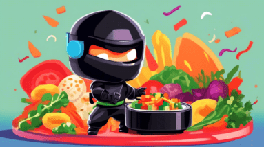 A miniature ninja warrior wielding a tiny air fryer filled with colorful chopped vegetables.