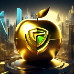 A golden NVIDIA logo eclipsing a metallic Apple logo, both hovering over a futuristic cityscape with a stock ticker displaying $3 Trillion in the background.