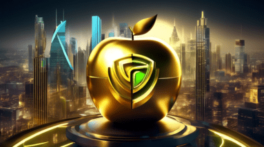 A golden NVIDIA logo eclipsing a metallic Apple logo, both hovering over a futuristic cityscape with a stock ticker displaying $3 Trillion in the background.