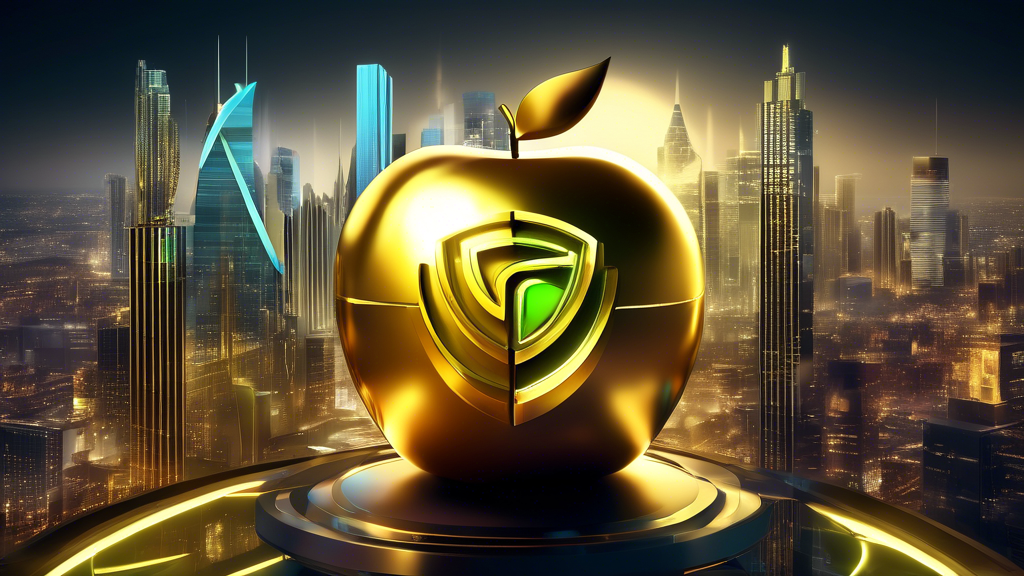 A golden NVIDIA logo eclipsing a metallic Apple logo, both hovering over a futuristic cityscape with a stock ticker displaying $3 Trillion in the background.