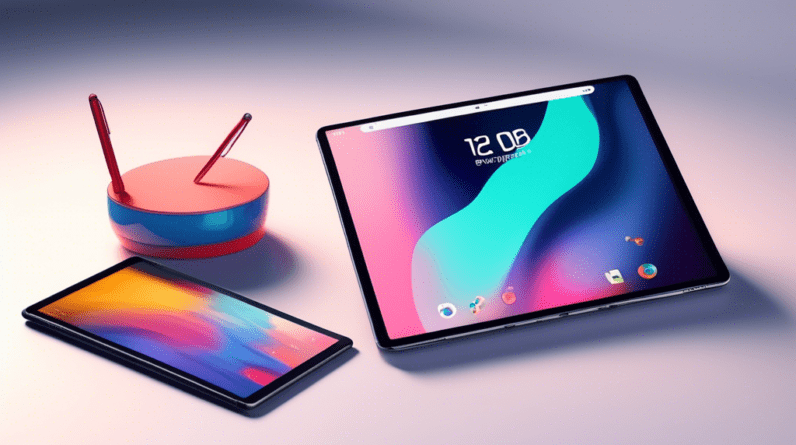 A sleek, minimalist OnePlus tablet juxtaposed against an iPad Pro, both displaying the same vibrant image on-screen, with their styluses resting alongside.
