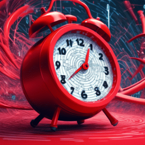 A giant red alarm clock with the OpenAI logo on its face, shaking violently, with a swirling vortex of computer code and mathematical formulas as its background.