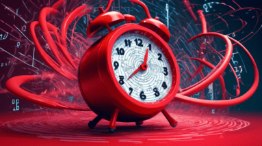 A giant red alarm clock with the OpenAI logo on its face, shaking violently, with a swirling vortex of computer code and mathematical formulas as its background.