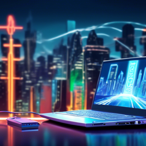 A sleek, silver ultraportable laptop with a glowing Panasonic logo, connected to a vintage VGA monitor and ethernet cable, with a futuristic cityscape reflecting in the screen and a 5G signal icon pul