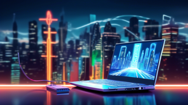 A sleek, silver ultraportable laptop with a glowing Panasonic logo, connected to a vintage VGA monitor and ethernet cable, with a futuristic cityscape reflecting in the screen and a 5G signal icon pul