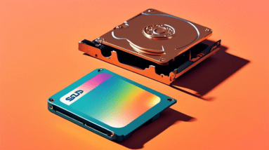 A giant SSD labeled X100P casts a shadow over a tiny, rusty hard disk drive with a price tag reading Budget-Friendly.