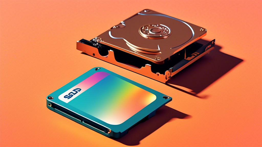 A giant SSD labeled X100P casts a shadow over a tiny, rusty hard disk drive with a price tag reading Budget-Friendly.