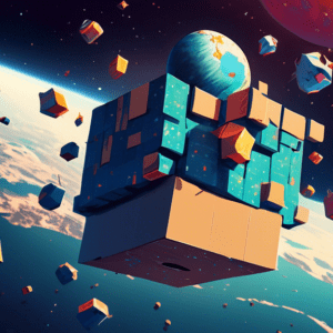 A giant Amazon delivery box floating in space amongst a cluster of satellites, casting a large shadow on Earth.