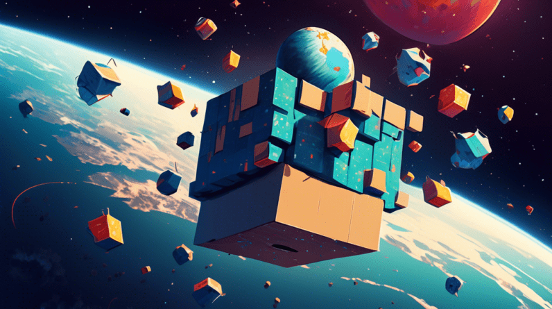 A giant Amazon delivery box floating in space amongst a cluster of satellites, casting a large shadow on Earth.