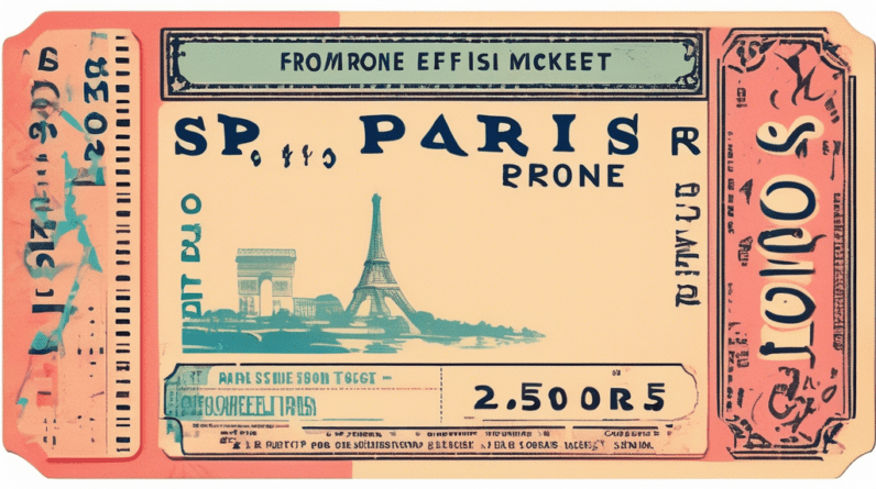 A vintage train ticket labeled SP005 Paris Rhône with the Eiffel Tower in the background.