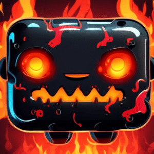 A cute robot pin with glowing red eyes sits inside of a charging case that is engulfed in cartoonish flames and emitting black smoke.