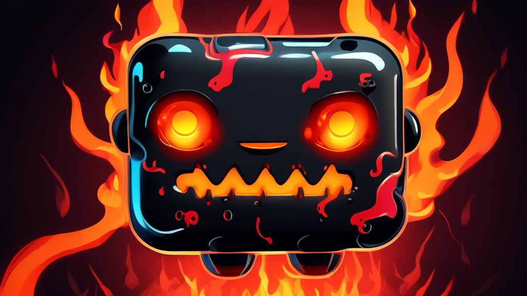 A cute robot pin with glowing red eyes sits inside of a charging case that is engulfed in cartoonish flames and emitting black smoke.