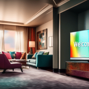 A Samsung TV in a luxurious hotel room with a mirrored image of an iPhone displaying a welcome message on the TV screen.