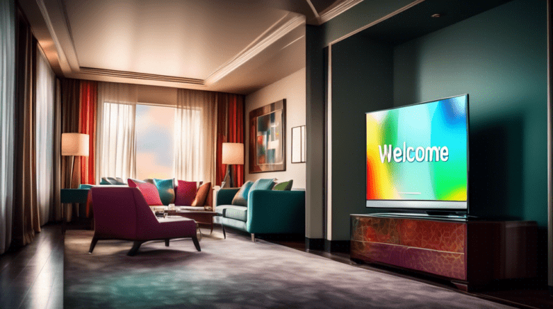 A Samsung TV in a luxurious hotel room with a mirrored image of an iPhone displaying a welcome message on the TV screen.