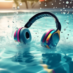 A pair of bone conduction headphones submerged in a pool with water droplets splashing around them, illuminated by bright sunlight.