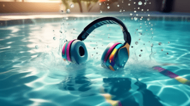 A pair of bone conduction headphones submerged in a pool with water droplets splashing around them, illuminated by bright sunlight.