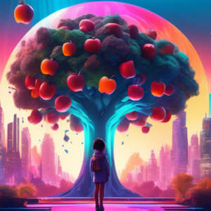 A futuristic city built on a giant tree with a young girl looking in awe, holding a glowing fruit, styled after an Apple TV+ poster.