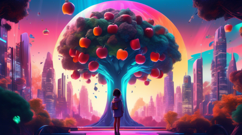 A futuristic city built on a giant tree with a young girl looking in awe, holding a glowing fruit, styled after an Apple TV+ poster.