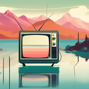 A vintage TV with an antenna, showing static and the words Douglas Is Cancelled on the screen, floating in a serene landscape with mountains and a lake.