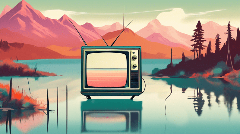 A vintage TV with an antenna, showing static and the words Douglas Is Cancelled on the screen, floating in a serene landscape with mountains and a lake.