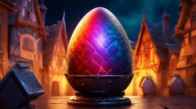 A medieval dragon egg glowing with a countdown timer reflected in its surface, surrounded by the banners of warring houses.