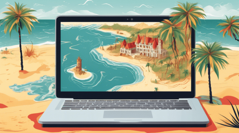 A medieval map of Westeros with a laptop displaying House of the Dragon streaming on a beach surrounded by palm trees.