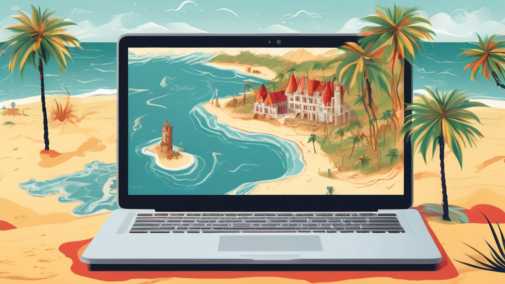 A medieval map of Westeros with a laptop displaying House of the Dragon streaming on a beach surrounded by palm trees.