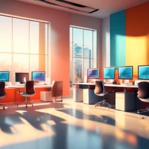 A sleek, modern office with a row of desktop computers displaying different brand logos on their monitors, bathed in soft sunlight.