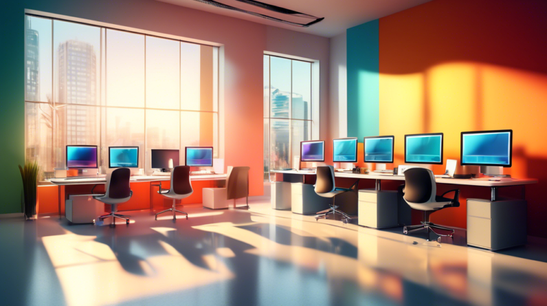 A sleek, modern office with a row of desktop computers displaying different brand logos on their monitors, bathed in soft sunlight.