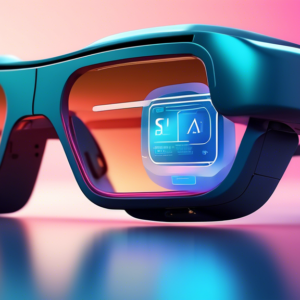 A futuristic pair of smart glasses with a sleek design, displaying augmented reality interfaces and artificial intelligence icons.