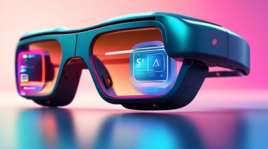 A futuristic pair of smart glasses with a sleek design, displaying augmented reality interfaces and artificial intelligence icons.