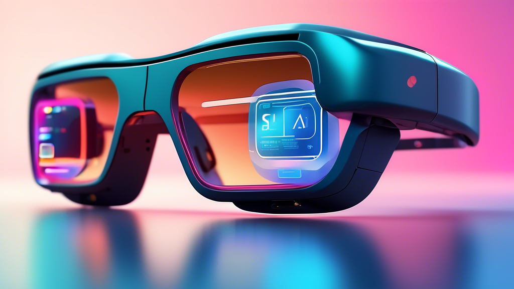 A futuristic pair of smart glasses with a sleek design, displaying augmented reality interfaces and artificial intelligence icons.