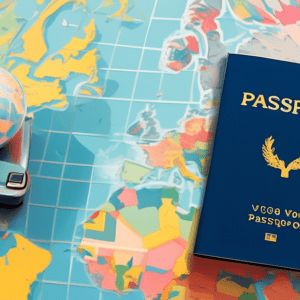 A passport book lying on top of a Volvo car battery, with a globe in the background. The passport is stamped with Battery Passport and a Volvo logo.