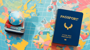 A passport book lying on top of a Volvo car battery, with a globe in the background. The passport is stamped with Battery Passport and a Volvo logo.