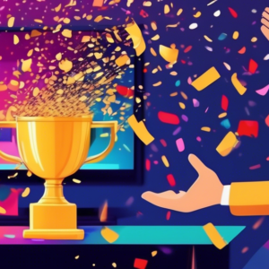 A hand holding a gold trophy with a living room background featuring a large flat-screen TV and entertainment system, confetti raining down, text overlay Rate and WIN!