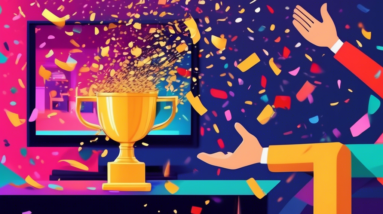 A hand holding a gold trophy with a living room background featuring a large flat-screen TV and entertainment system, confetti raining down, text overlay Rate and WIN!