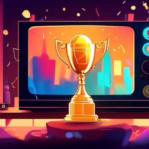 A hand holding a gold trophy with a TV screen reflecting a celebratory animation surrounded by a modern home entertainment system with party lights.