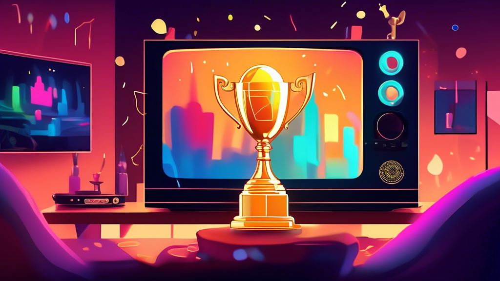 A hand holding a gold trophy with a TV screen reflecting a celebratory animation surrounded by a modern home entertainment system with party lights.