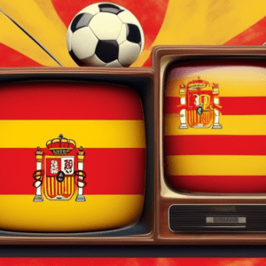 A vintage television displaying a close-up of a soccer match between Spain and Georgia, with vibrant flags of both countries flanking the screen.