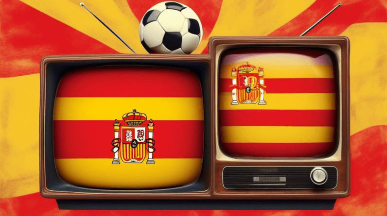 A vintage television displaying a close-up of a soccer match between Spain and Georgia, with vibrant flags of both countries flanking the screen.