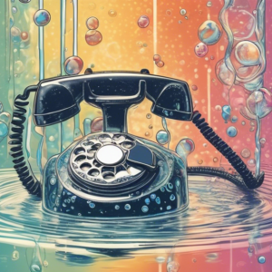 A vintage rotary phone being submerged in a glass of water with bubbles coming up, with the NSA logo in the background.