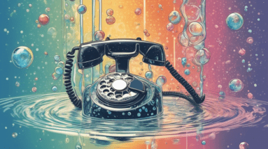 A vintage rotary phone being submerged in a glass of water with bubbles coming up, with the NSA logo in the background.