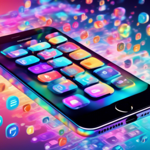 A holographic iPhone floating over an abstract background with the numbers 1 and 8 forming its shape, surrounded by colorful app icons and software code snippets.