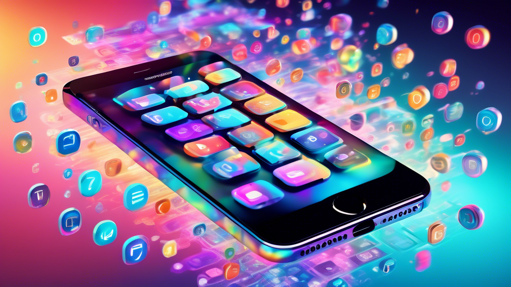 A holographic iPhone floating over an abstract background with the numbers 1 and 8 forming its shape, surrounded by colorful app icons and software code snippets.