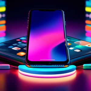 A futuristic iPhone seamlessly connected to a sleek external monitor and a wireless charging pad, glowing with Apple logos, against a backdrop of colorful app icons.