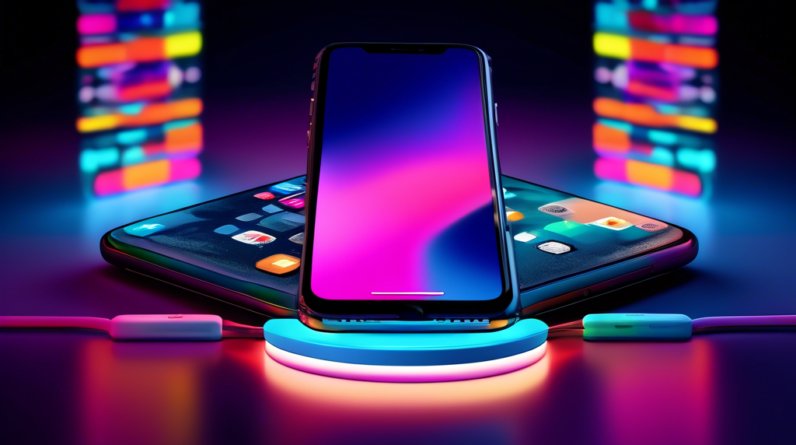 A futuristic iPhone seamlessly connected to a sleek external monitor and a wireless charging pad, glowing with Apple logos, against a backdrop of colorful app icons.