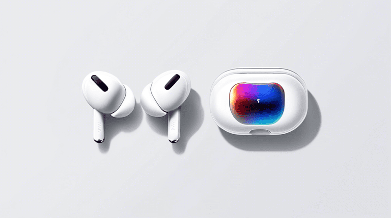 A pair of Apple AirPods Pro 2 and Samsung Galaxy Buds3 Pro wireless earbuds facing each other on a sleek white surface, with a subtle Apple logo reflection on one side and a Samsung logo reflection on