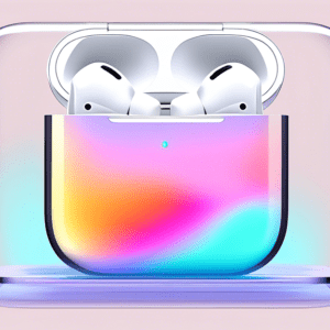 A pair of AirPods Pro 2 levitating in front of a transparent phone screen displaying the iOS 18 logo and new features.